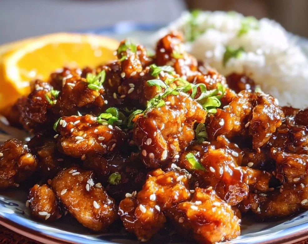Plate of crispy orange chicken garnished with sesame seeds and green onions