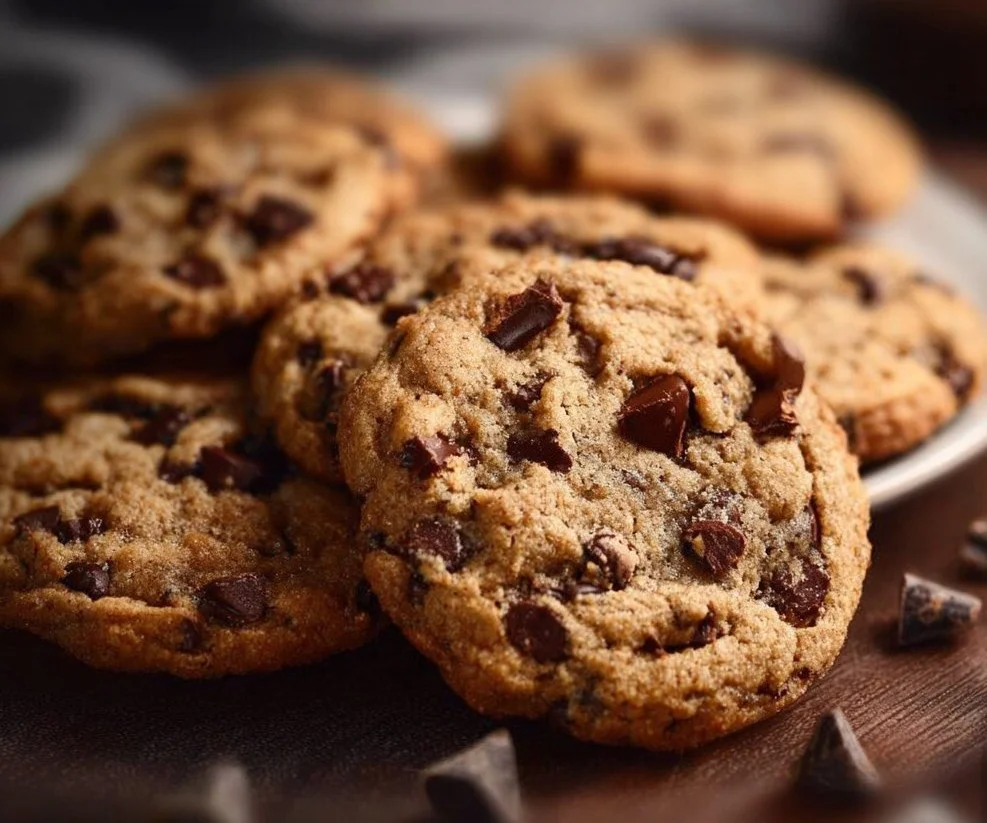 Baking delicious Hershey's chocolate chip cookies on a kitchen counter.