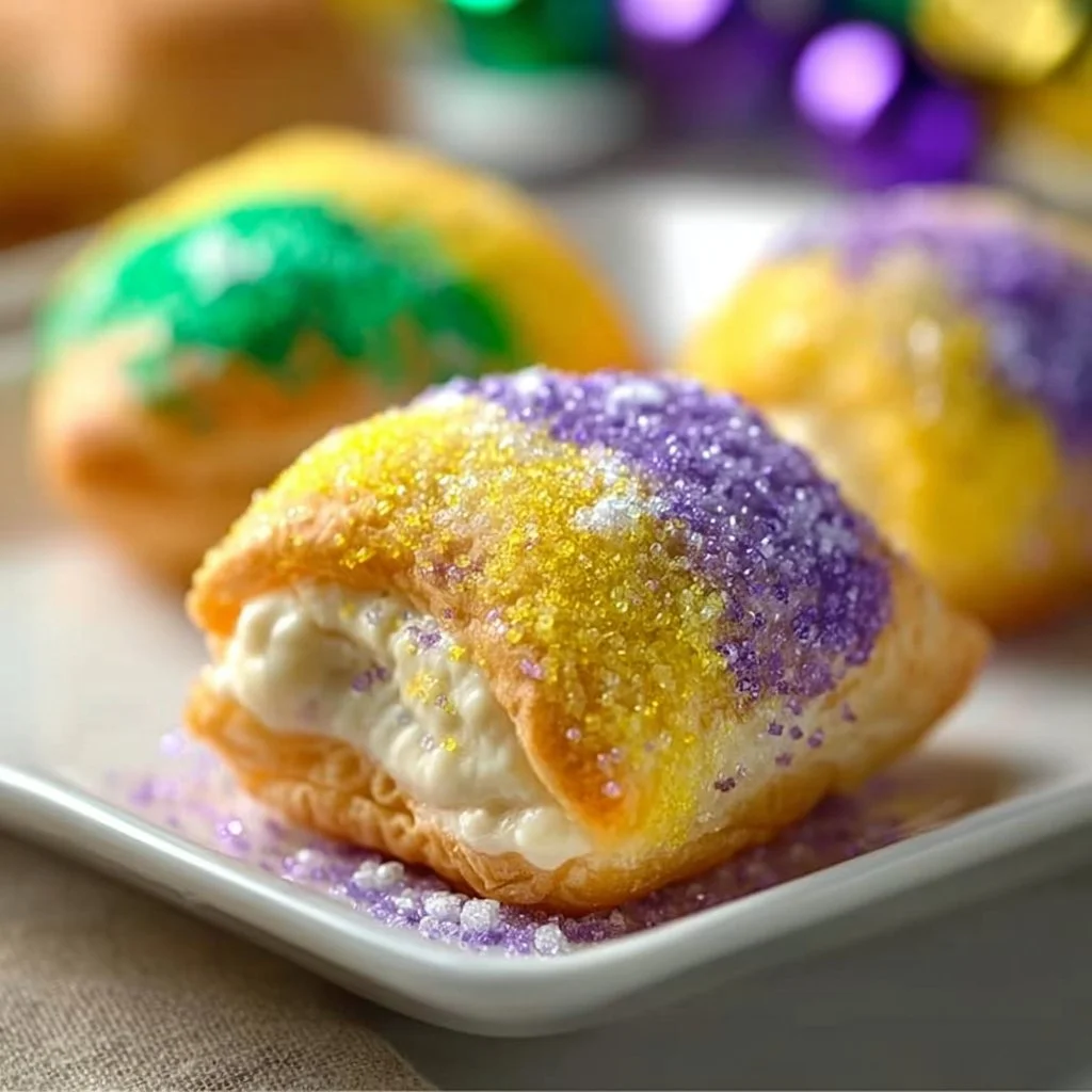 Delicious Easy King Cake Bites topped with icing and festive colors.