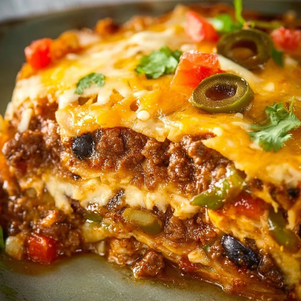 Delicious easy Mexican taco lasagna layered with beef, cheese, and tortillas