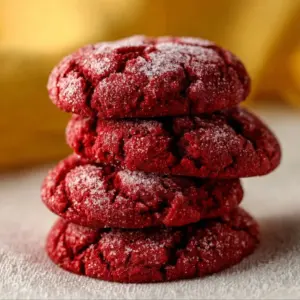 Plate of freshly baked red velvet cookies made from cake mix