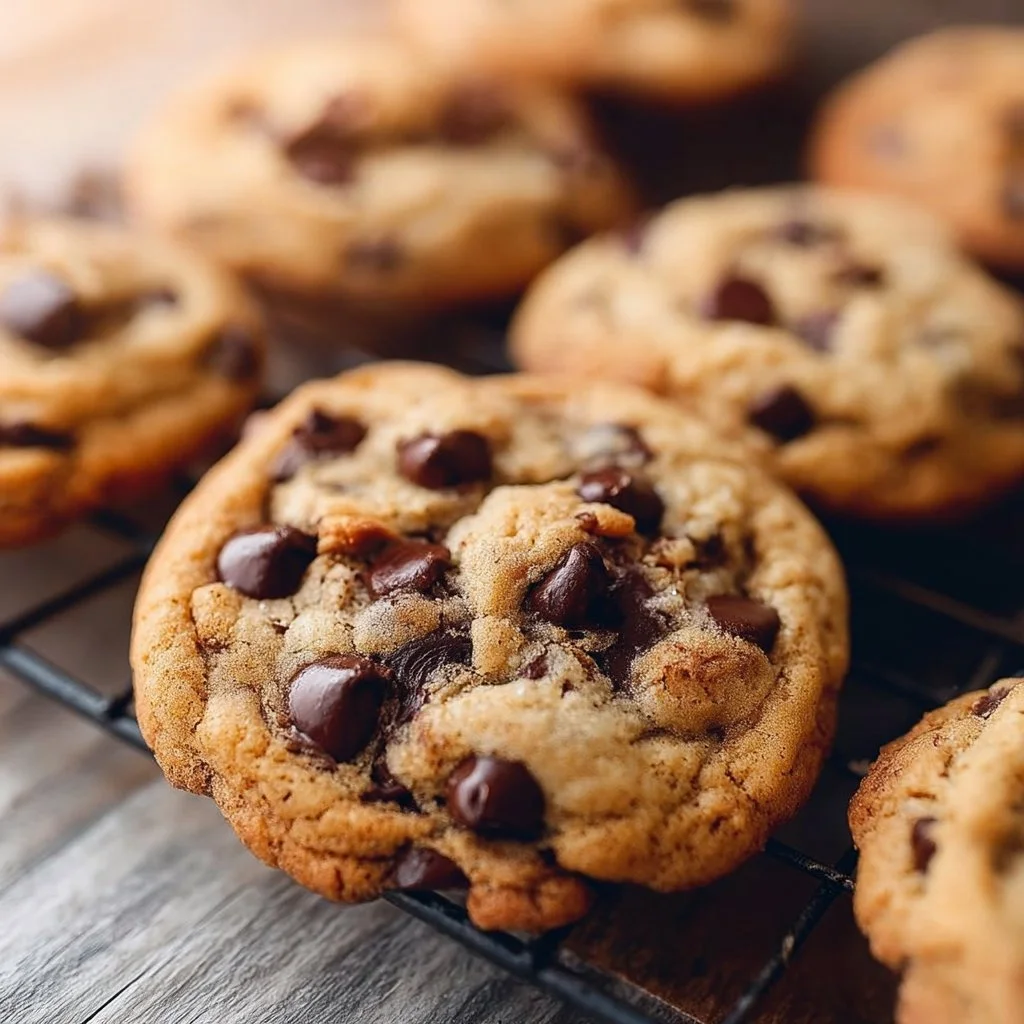 Freshly baked eggless chocolate chip cookies on a cooling rack.