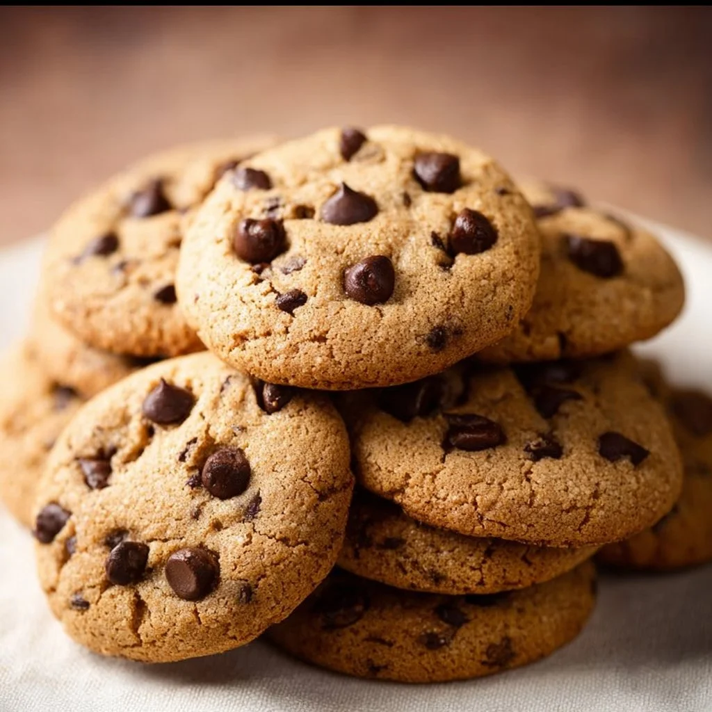 Delicious flourless chocolate chip cookies on a wooden table