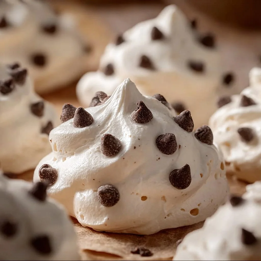 Freshly baked forgotten cookies on a cooling rack with chocolate chips.
