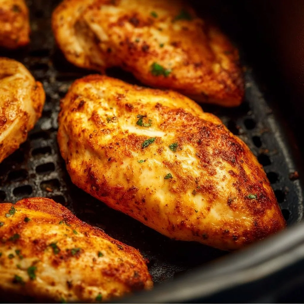 Crispy air fryer chicken breast cooked from frozen for a quick meal