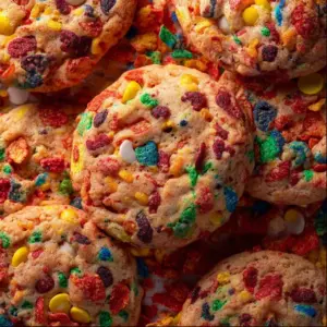 Fruity Pebble Cookies with colorful cereal toppings and a delightful crunch.