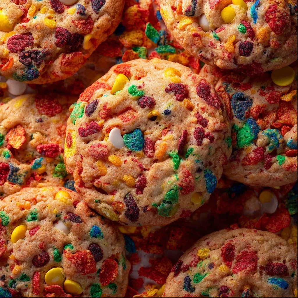 Fruity Pebble Cookies with colorful cereal toppings and a delightful crunch.