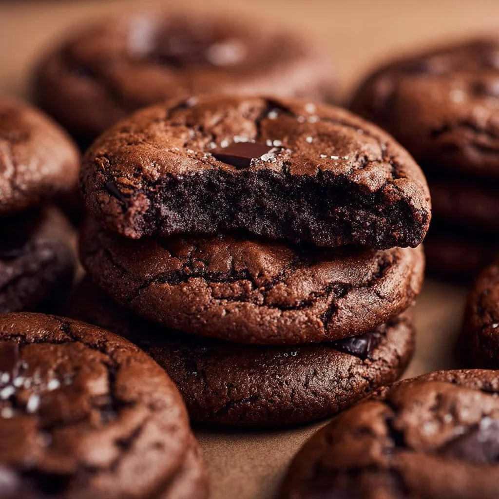 Delicious fudgy chocolate brownie cookies stacked on a plate