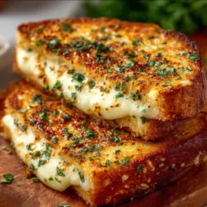 Delicious garlic bread grilled cheese sandwich with melted cheese and crispy crust
