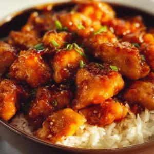 Plate of gluten-free orange chicken drizzled with sauce and garnished