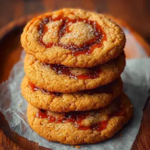 Gochujang caramel cookies on a rustic wooden table with a glass of milk