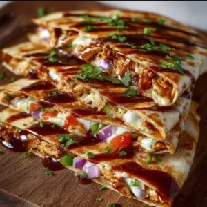 Delicious Hot Honey BBQ Chicken Quesadillas served on a plate, garnished.