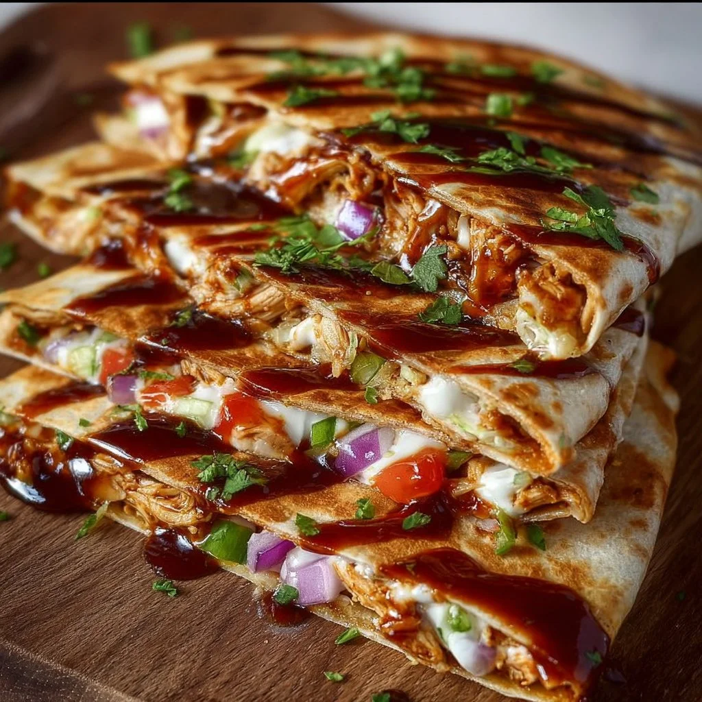 Delicious Hot Honey BBQ Chicken Quesadillas served on a plate, garnished.
