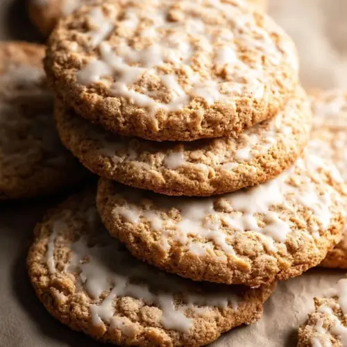 Freshly baked iced oatmeal cookies on a plate with a glass of milk