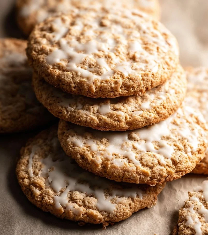 Freshly baked iced oatmeal cookies on a plate with a glass of milk