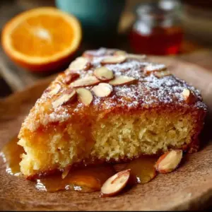 Delicious orange almond cake displayed beautifully on a rustic wooden table