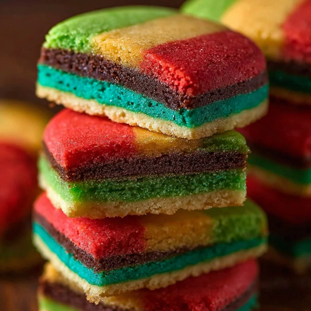 Delicious Italian rainbow cookies stacked with layers of almond cream and vibrant colors