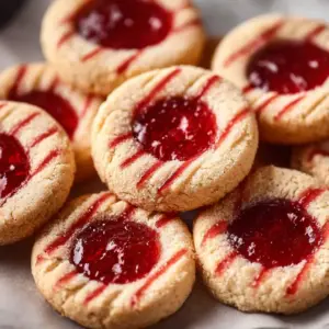 Plate of freshly baked Jam Thumbprint Cookies with vibrant fruit jam filling