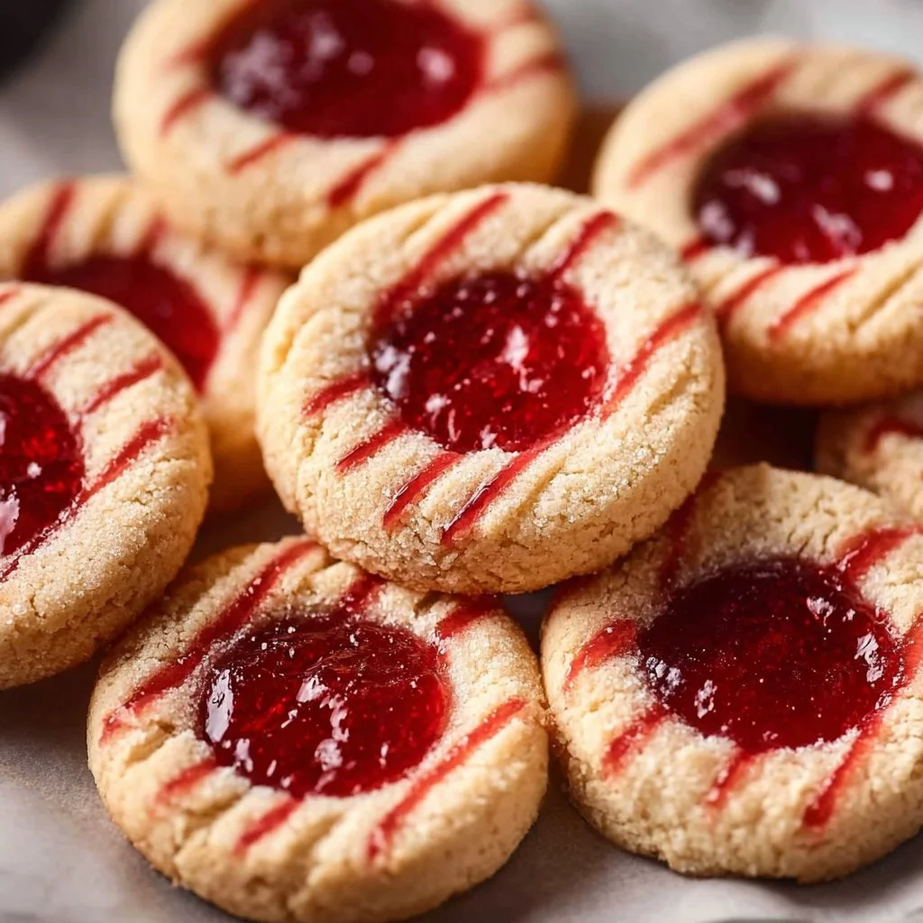 Plate of freshly baked Jam Thumbprint Cookies with vibrant fruit jam filling
