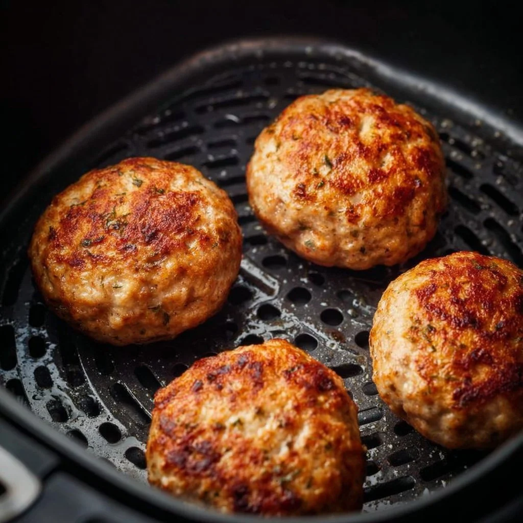 Juicy air fryer turkey burgers served on a plate with fresh toppings.