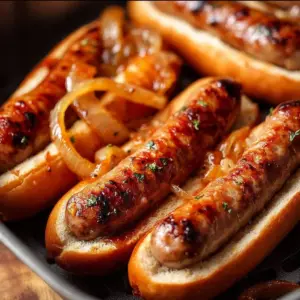 Delicious juicy brats cooked in an air fryer, ready to serve.