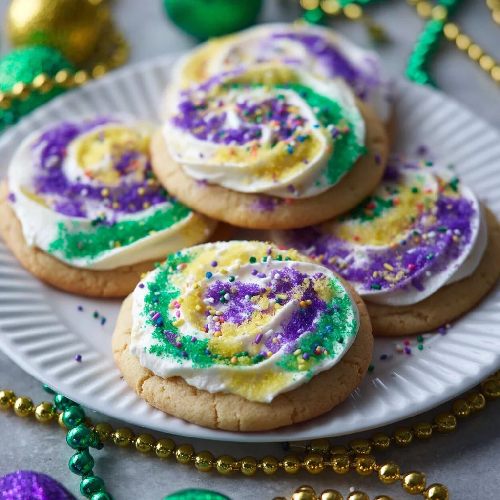 Colorful King Cake Cookies decorated for Mardi Gras festivities