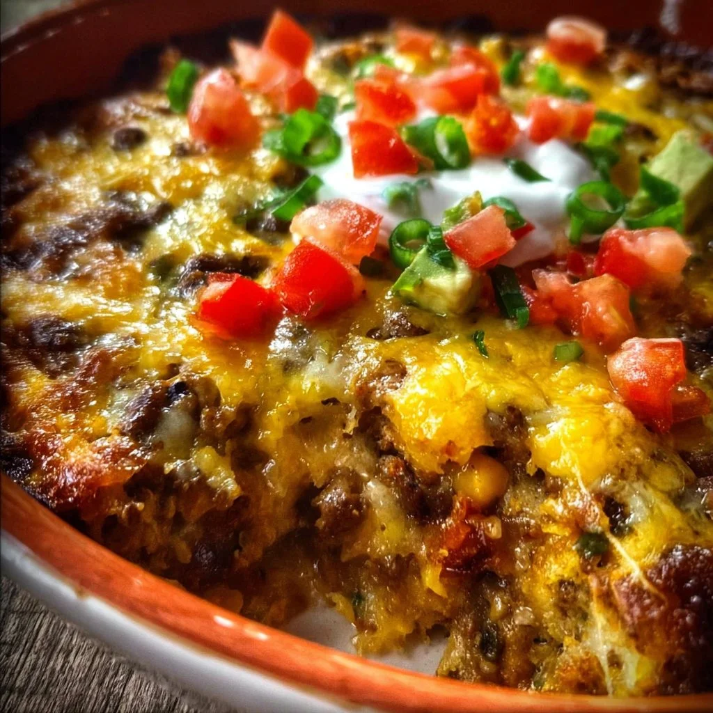 Low carb Mexican casserole topped with cheese and garnished with herbs