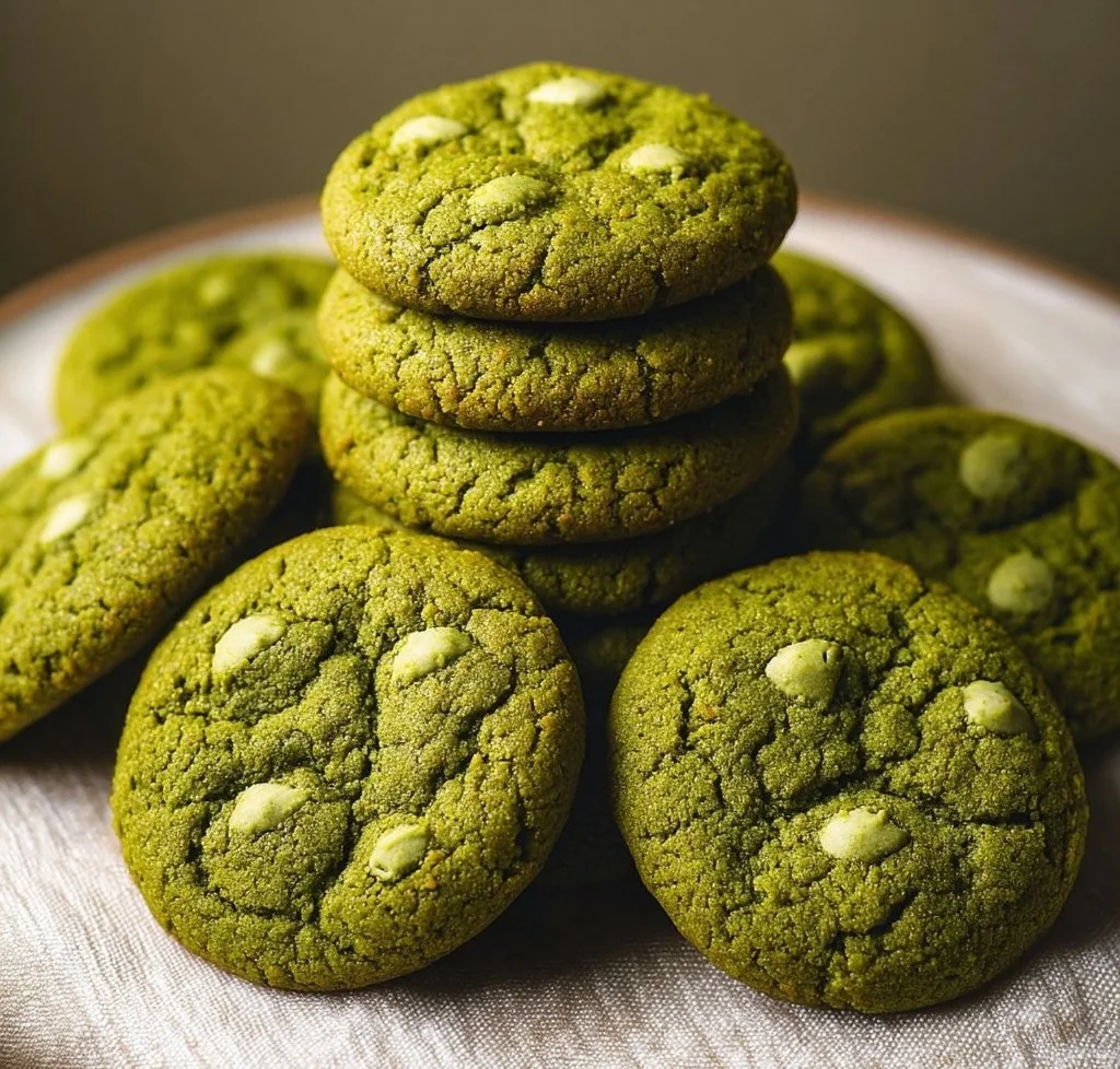 A batch of freshly baked matcha cookies with green tea flavor