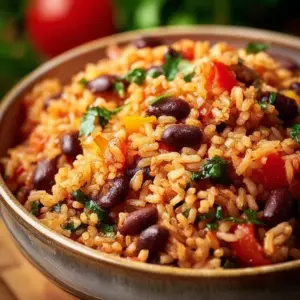 A bowl of Mediterranean Rice and Beans garnished with fresh herbs and vegetables.