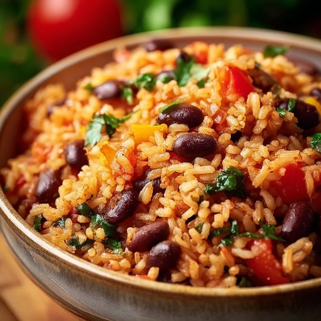 A bowl of Mediterranean Rice and Beans garnished with fresh herbs and vegetables.
