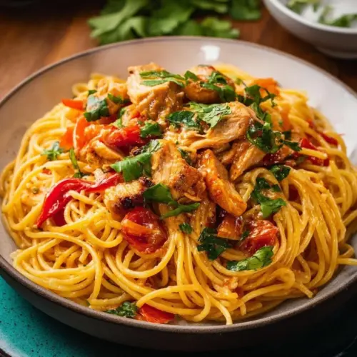 Delicious Mexican chicken spaghetti with vibrant colors and fresh ingredients