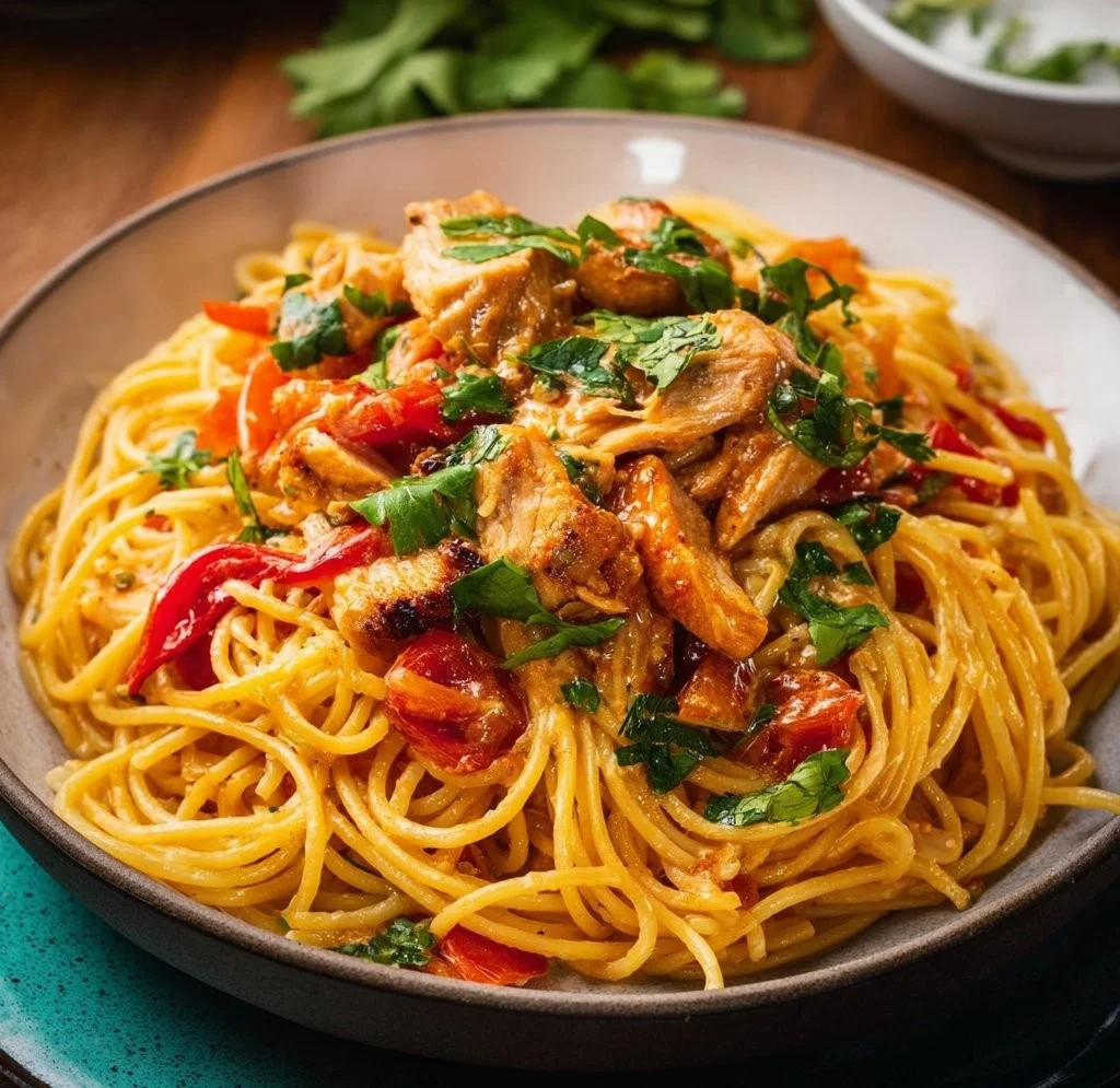 Delicious Mexican chicken spaghetti with vibrant colors and fresh ingredients
