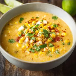 Bowl of Mexican corn chowder topped with fresh cilantro and lime