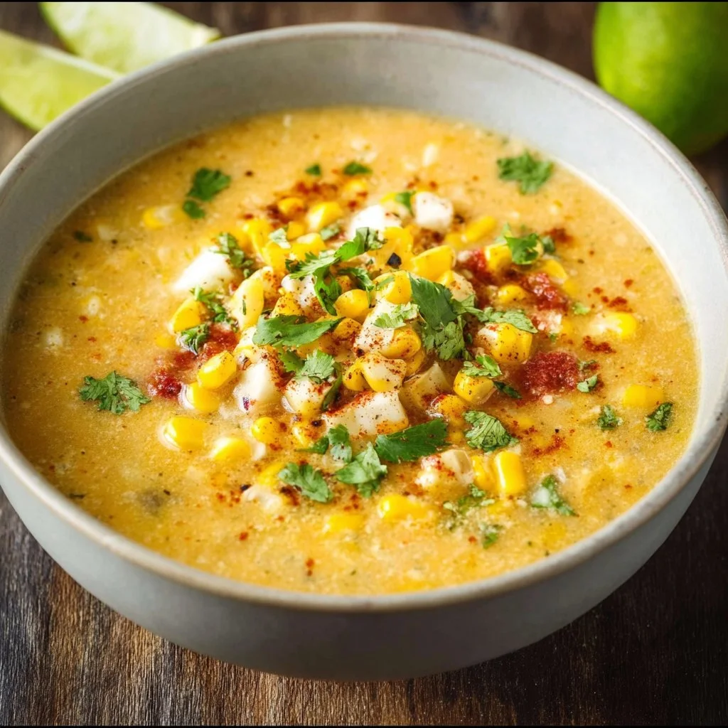 Bowl of Mexican corn chowder topped with fresh cilantro and lime