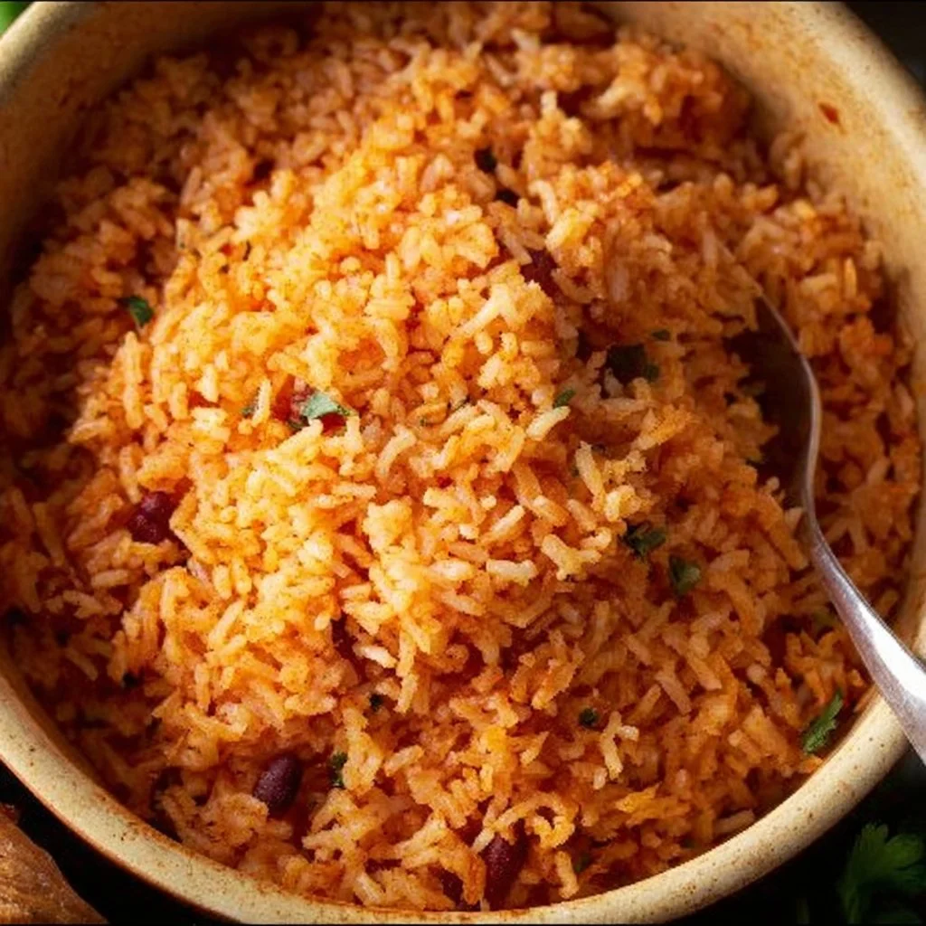Bowl of Mexican Red Rice garnished with fresh herbs on a rustic table.