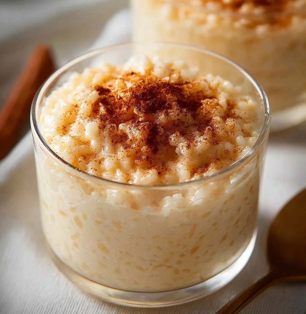 A bowl of delicious Mexican Rice Pudding topped with cinnamon and raisins.