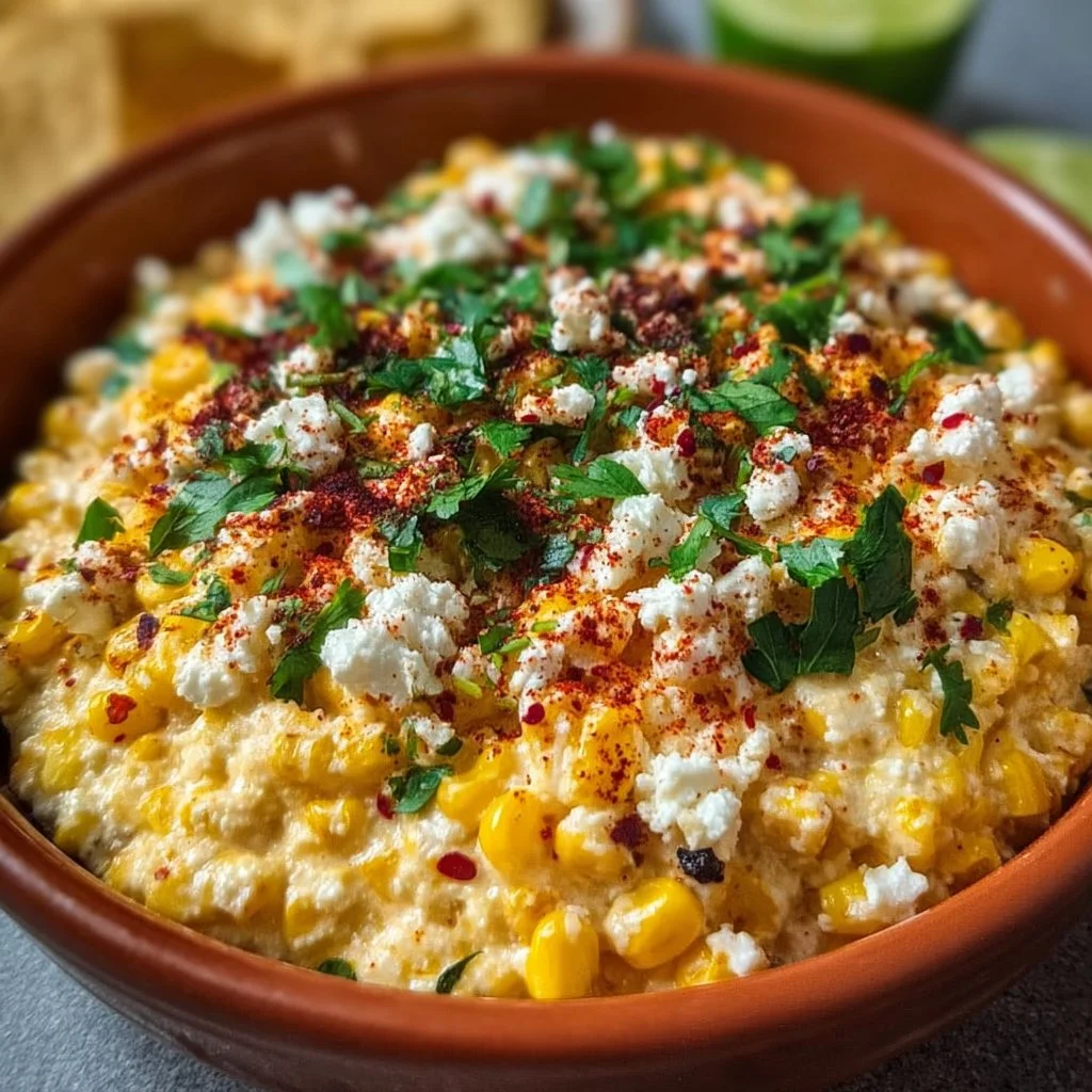 Delicious Mexican street corn dip served in a bowl with fresh toppings