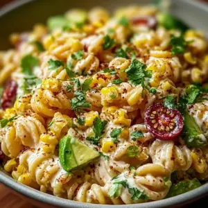 Bowl of Mexican street corn pasta salad topped with cilantro and lime.