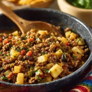 Delicious Mexican style picadillo served in a bowl with cilantro garnish