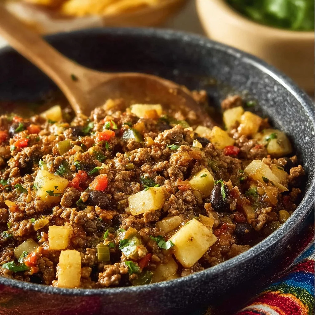 Delicious Mexican style picadillo served in a bowl with cilantro garnish