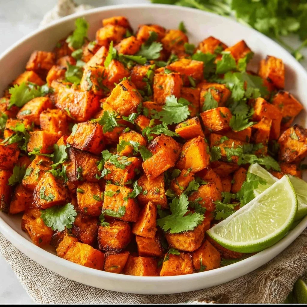Deliciously spiced Mexican sweet potatoes topped with fresh herbs and ingredients.