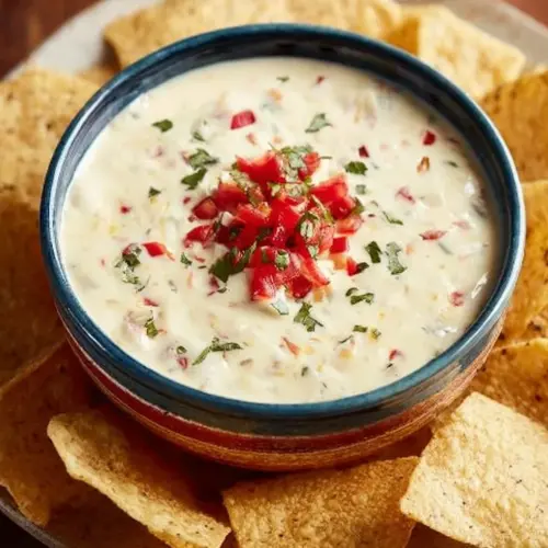 Delicious Mexican white cheese dip served with tortilla chips