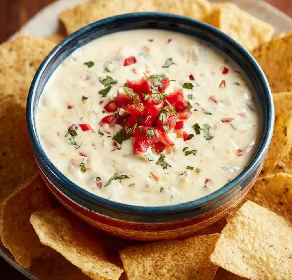 Delicious Mexican white cheese dip served with tortilla chips
