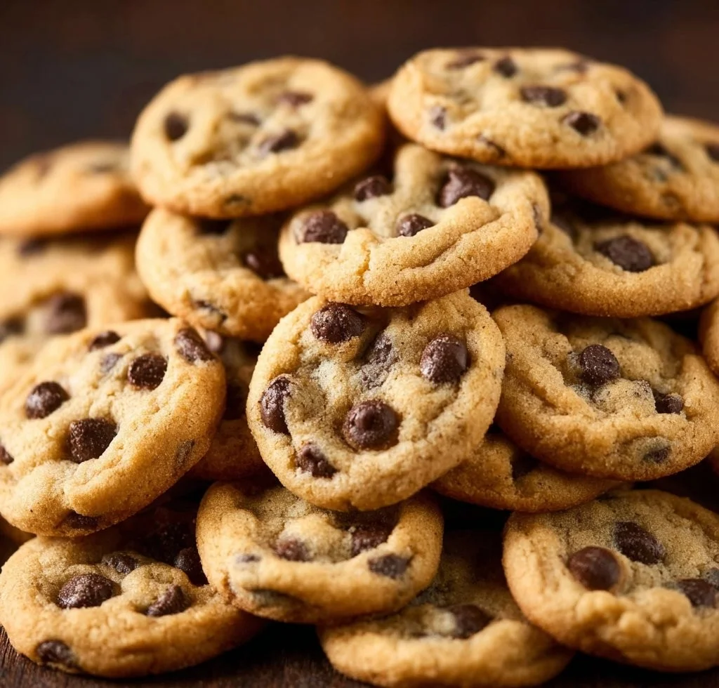 Mini chocolate chip cookies on a plate, fresh and delicious.