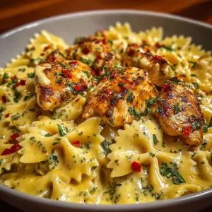 Delicious Mozzarella Garlic Butter Chicken Bowties in a creamy sauce