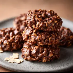 No-bake chocolate peanut butter oatmeal cookies on a plate.