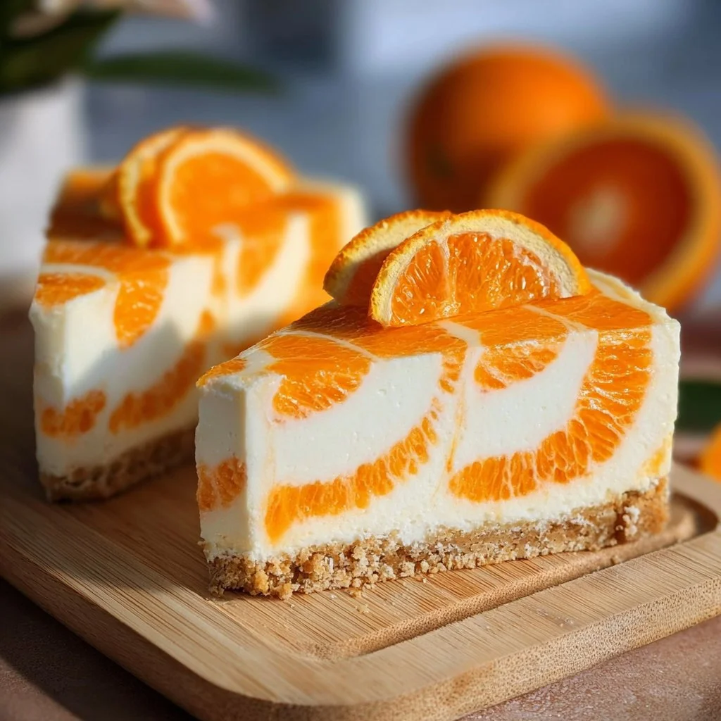 No-Bake Orange Creamsicle Cheesecake topped with whipped cream and orange slices
