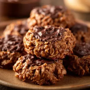 No bake peanut butter chocolate cookies on a plate with a glass of milk
