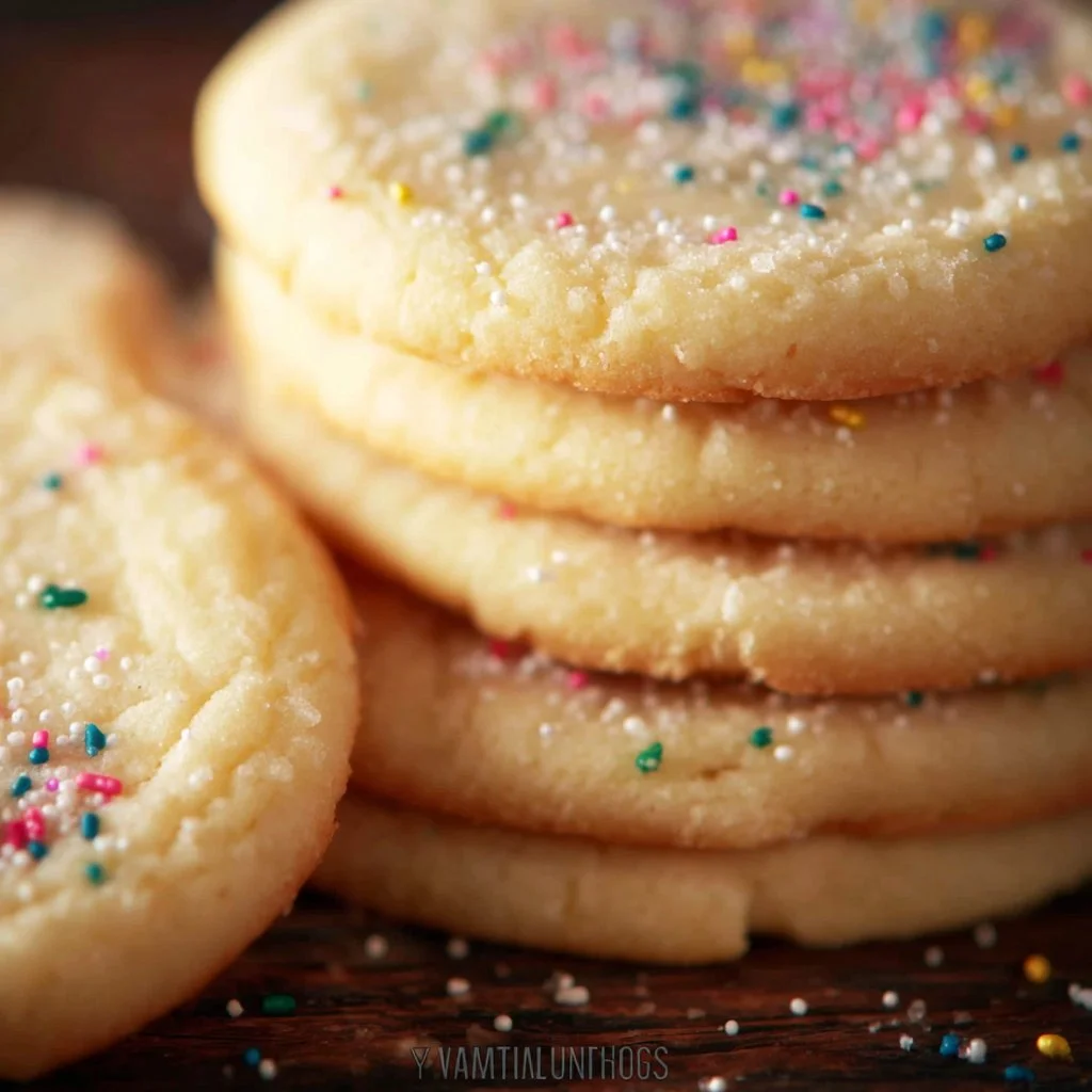 Plate of no chill sugar cookies decorated with colorful icing and sprinkles