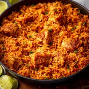 One Pan Mexican Chicken and Rice garnished with fresh cilantro and lime wedges